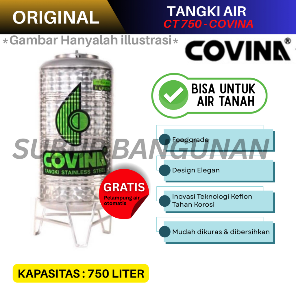 Tangki Air Tandon Air  Toren Air Stainless Bisa Untuk Air Tanah 750 BKK 750 Liter - Covina