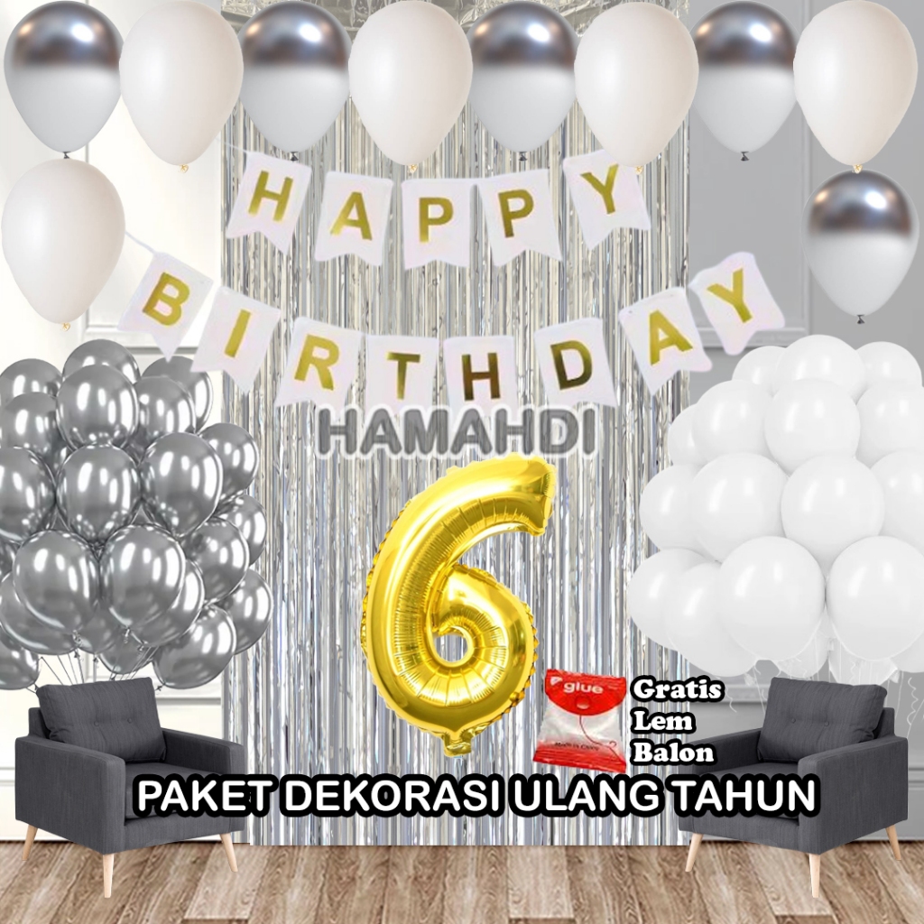 Paket Dekorasi Ulang Tahun Tirai Silver Banner HBD Putih Balon Metalik Silver dan Putih