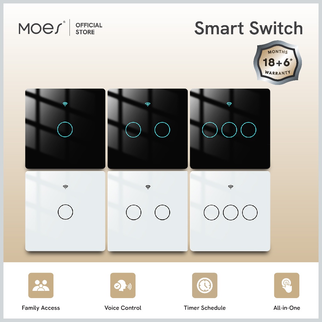 MOES Smart Switch WiFi 1–3 Gang Touch Panel  Support Tuya dan Aplikasi Smart Home | Saklar Lampu Pin