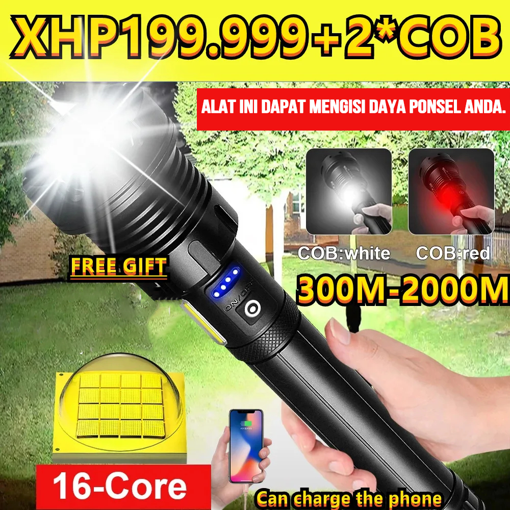 Senter LED Super Terang Ori 100% XHP 160 90000 Lumens 2000M Sorot Super Terang Senter Swat Police Te