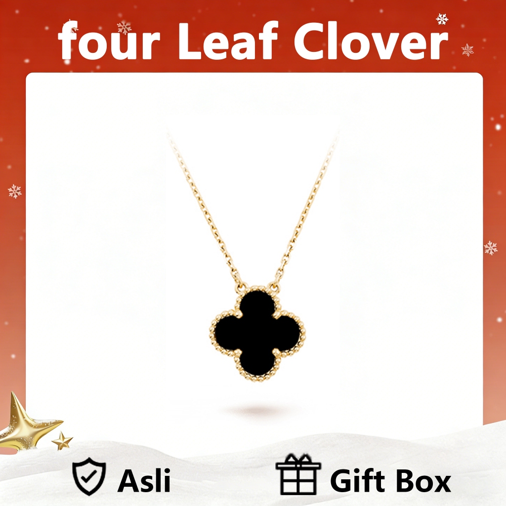 LOVE WHEEL Kalung Wanita four leaf clover Vintage Alhambra Pendant Necklace in Yellow Gold with Onyx