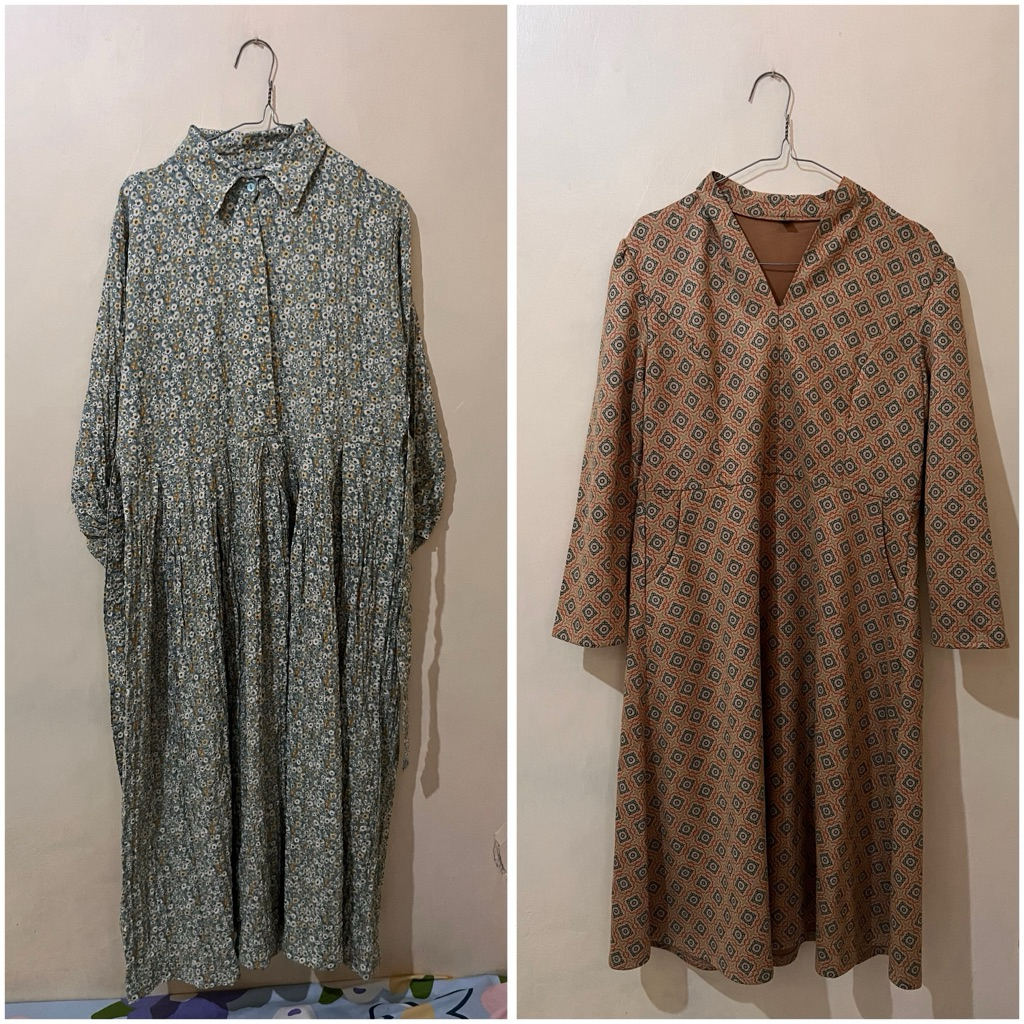 PRELOVED DRESS PLISKET BUNGA & DRESS MOTIF COKLAT MUDA