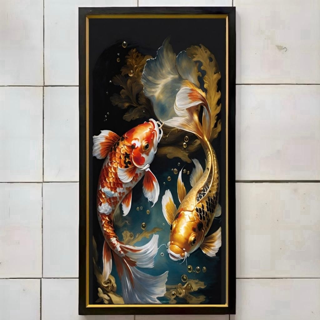 Bingkai foto lukisan murah hiasan dinding Pigura plus bingkai siap pasang gambar ikan koi  BISA COD