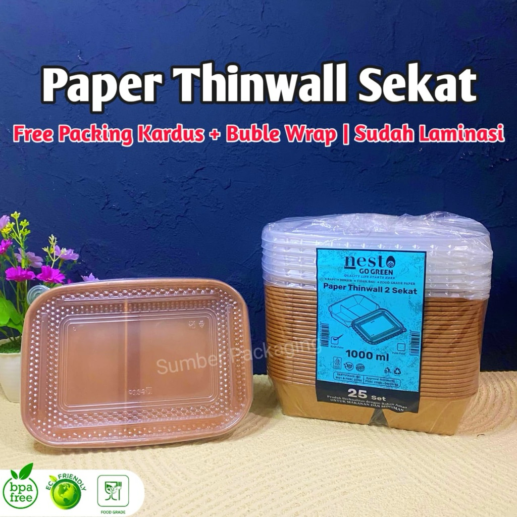 (ISI 25PCS) Paper Thinwall Laminasi Sekat 2 + Tutup Sz 1000ml | Paper Lunch Box Kraft