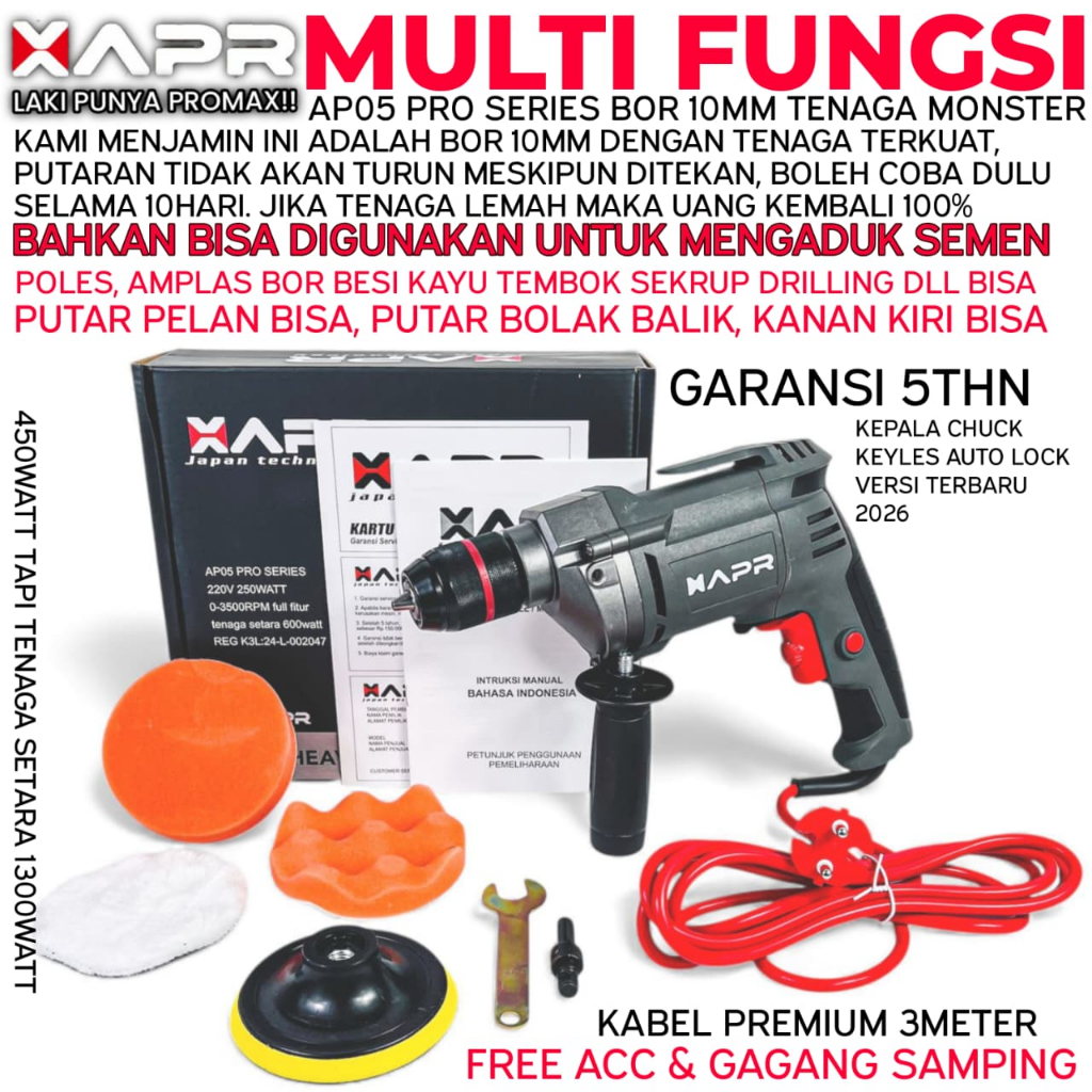 APR BOR MULTIFUNGSI POLES MOBIL MOTOR AMPLAS BOR BESI KAYU TEMBOK SKRUP LISTRIK 10MM AP05PRO