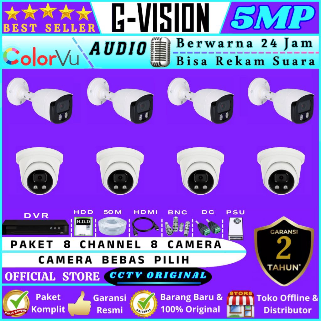 PAKET  CCTV  5MP  COLORVU  AUDIO  8  CHANNEL  8  CAMERA  LENGKAP