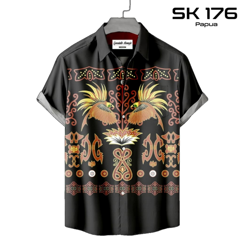 Kemeja Pria Etnik Hitam Batik Papua Motif Cendrawasih Full Printing SK-176