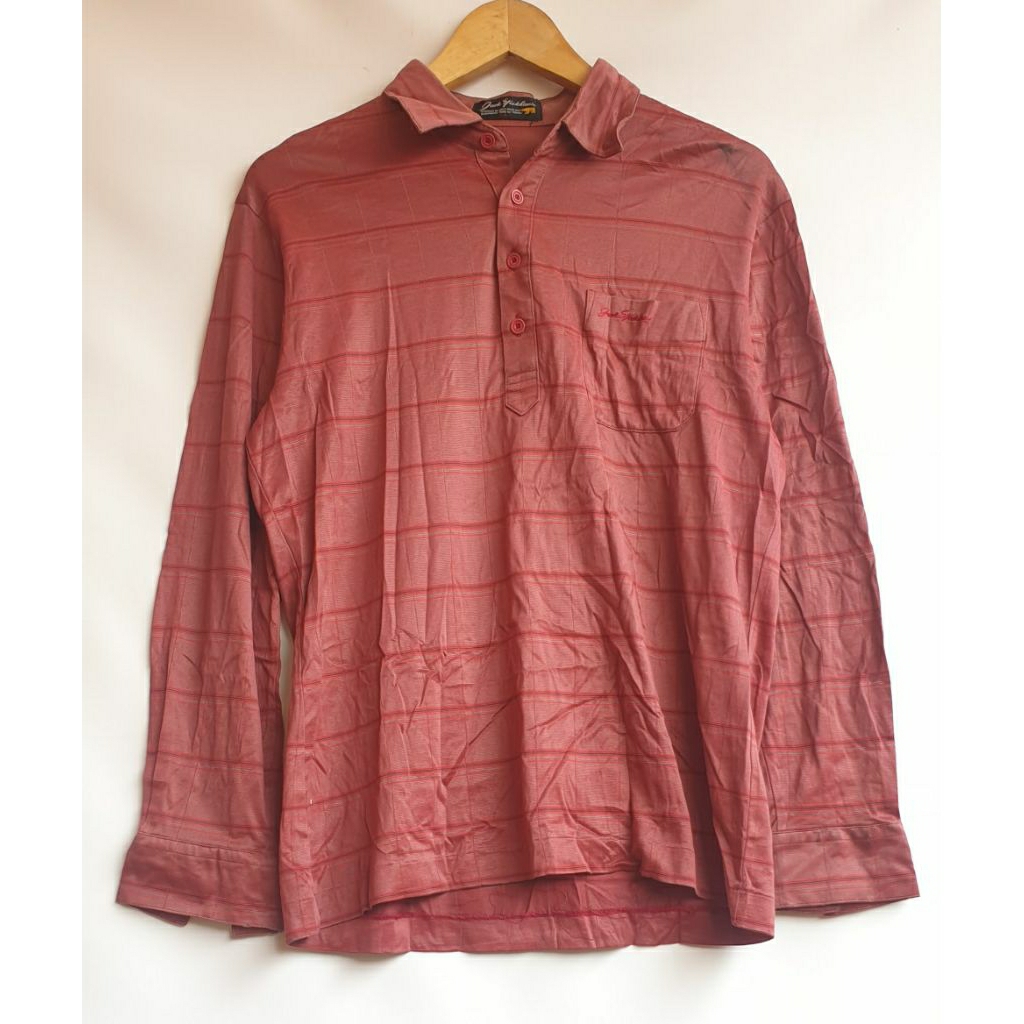 Kemeja Polo Shirt Pria Merek Jack Nicklous Lengan Panjang Golf Merah Marun Motif Garis Horizontal Pr