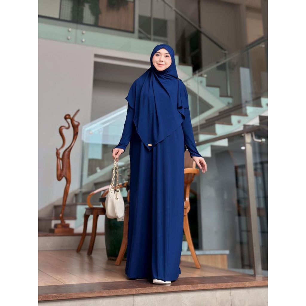 Slavina Set Syar'i Jersey Premium Tebal Khimar Bandana || Gamis Set Wanita Polos Simple Polos Hitam 