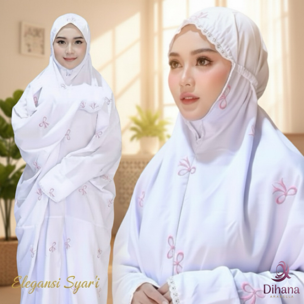 Mukena Lajuran Putih Dewasa Premium Bordir Seribu Bunga Mawar - Rukuh Terusan Katun Halus Lembut Can