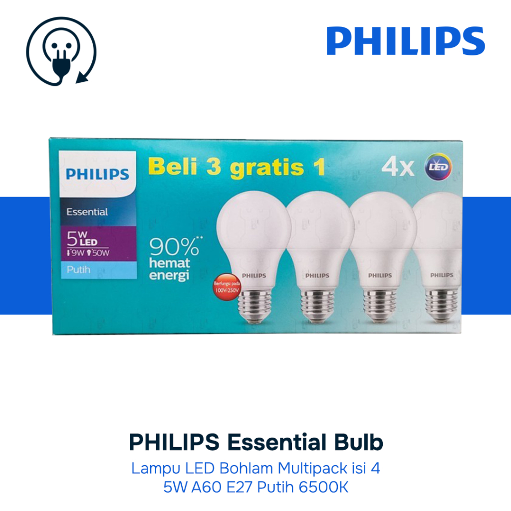 PHILIPS Lampu LED Bohlam Multipack isi 4 Essential Bulb 5W 7W 9W 11W A60 E27 Putih 65K Hemat Energi