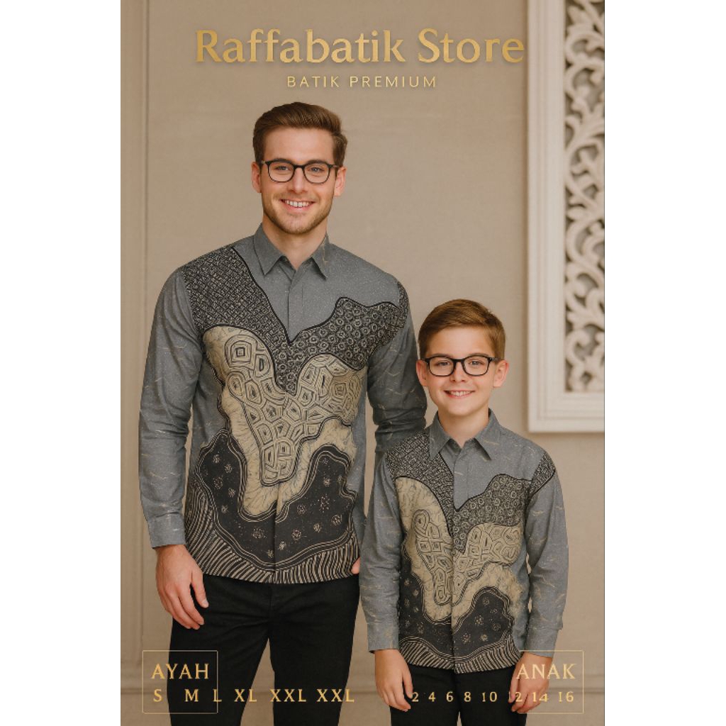 kemeja batik couple premium ayah anak abu denim motif raja ampat bahan halus elegan