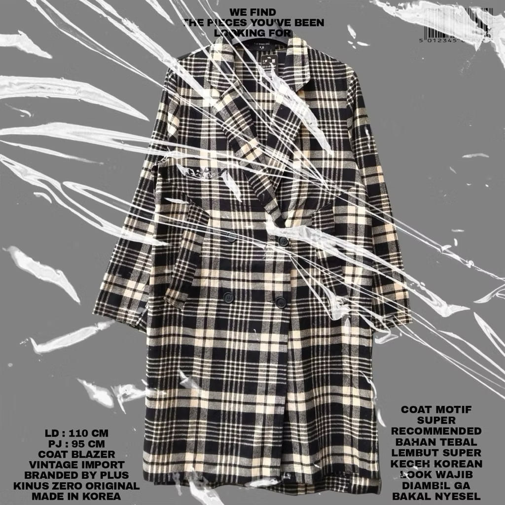 [FLASMA] PLUS KINUS ZERO ORIGINAL KOREAN COAT PREMIUM/BLAZER LONG COAT MOTIF KOTAK KOTAK TEBAL KOREA