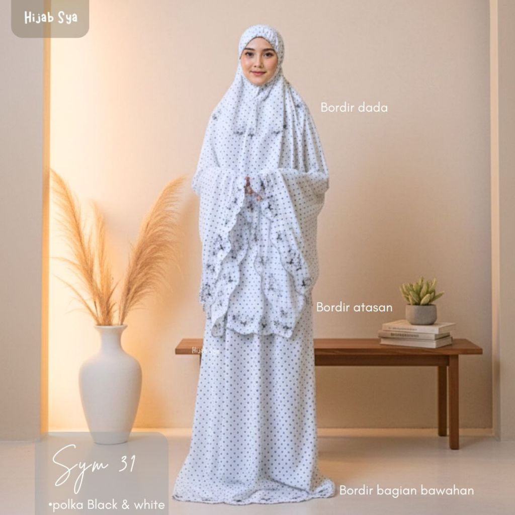 Mukena SYM 31 / Mukena Daily / Mukena katun silk / Mukena Motif Polkadot / Mukena Hitam Putih