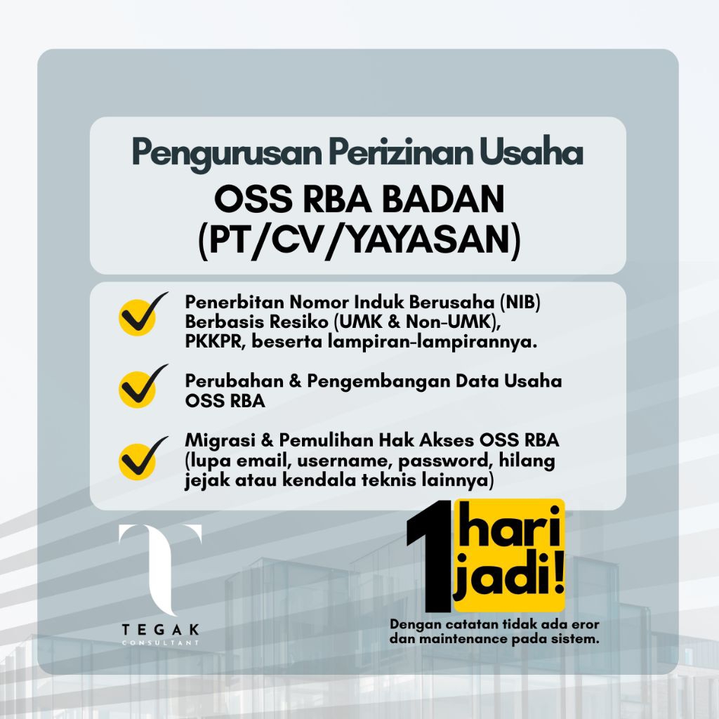 PENGURUSAN PERIZINAN BERUSAHA (Pembuatan NIB) OSS RBA BADAN USAHA (PT/CV/YAYASAN)