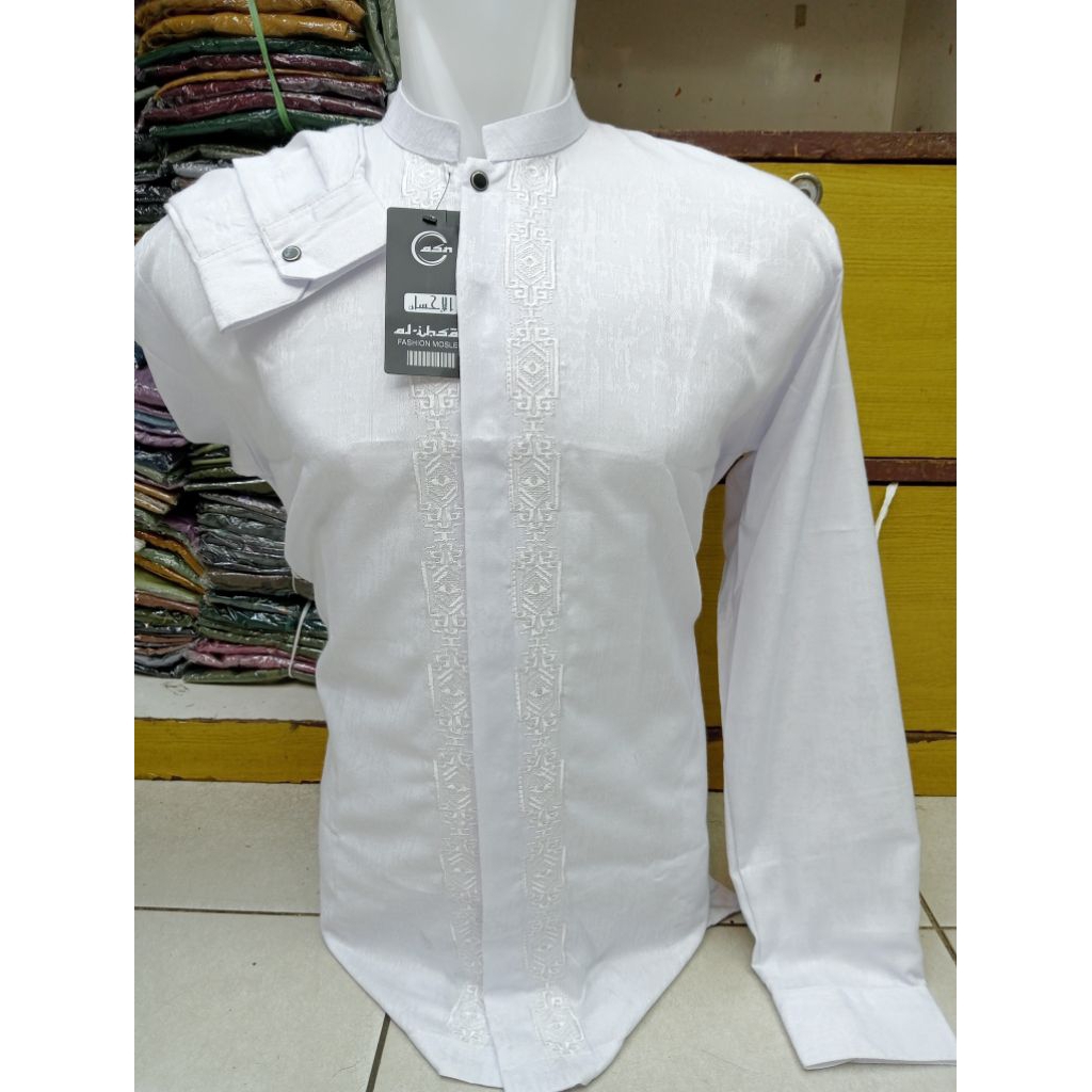YAKIN STORE 1986-BAJU KOKO JAGUAR PUTIH BORDIR PUTIH-KEMEJA KOKO MODREN JAGUAR BORDIR-BAJU MUSLIM KO