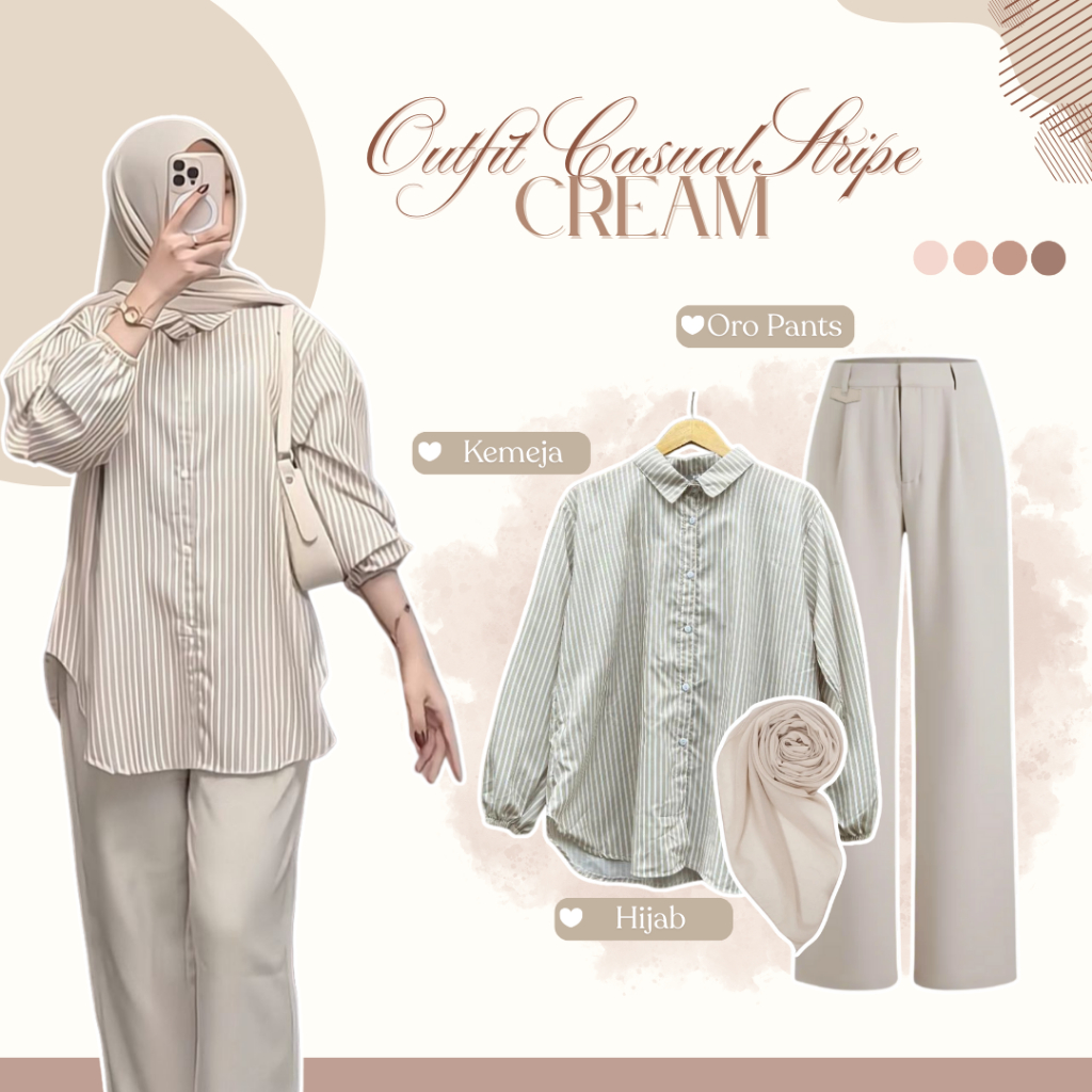 One Set Remaja 3in1/ Outfit Kemeja Stripe Lengan Balon + Celana + Hijab /Ootd Casual Wanita  - LN228