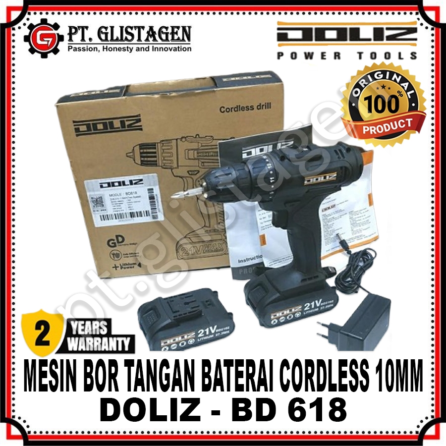 DOLIZ BD618 Mesin Bor Tangan Cordless Bateraii Drill 10mm 21V Doliz BD 618 BD-618 BD618 ORIGINAL DOL