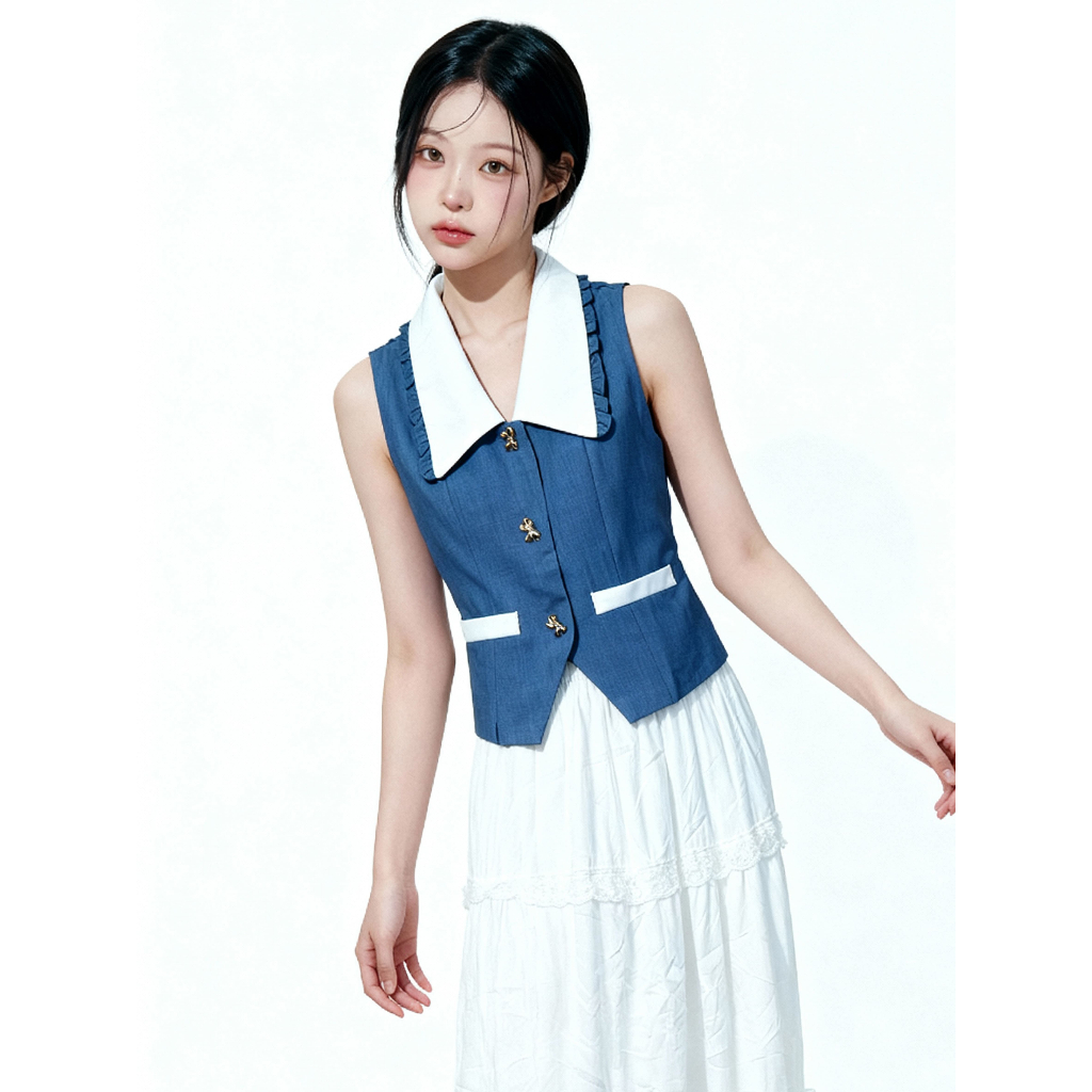 Farah Gold Ribbon Button Ruffles Accent Collar Top