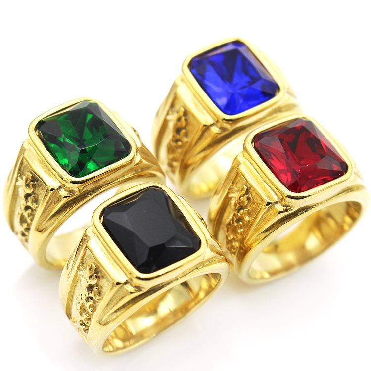 Cincin Pria Batu Berwarna Kotak Emas Relief Naga Desain Modern Elegan Mewah Gaya Klasik Fashion Hari