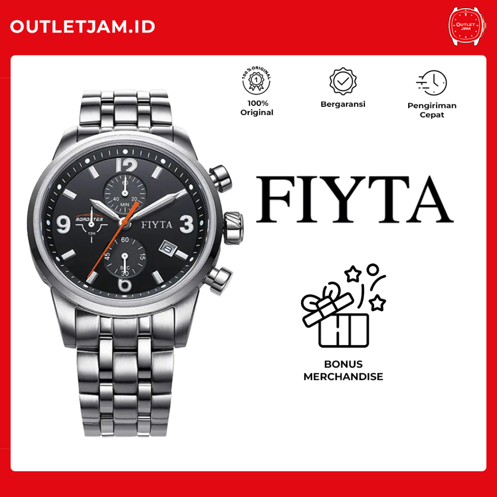 Jam Tangan Pria Original FIYTA EXTREME GENT QUARTZ CHRONO BLACK DIAL SS BRACELET