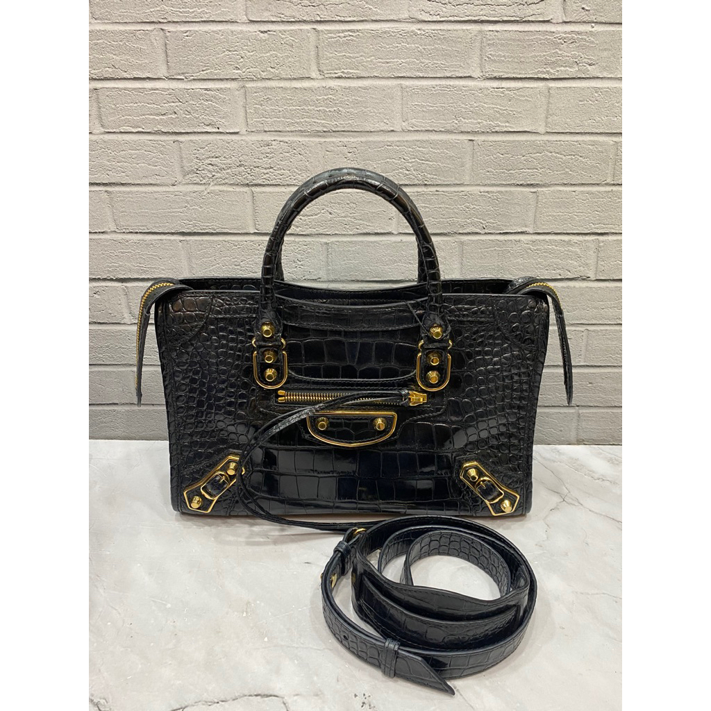 BALENCIAGA Small edge croco embossed black GHW 2023