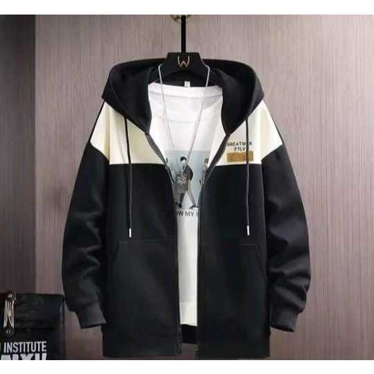 Jaket Sweater Hoodie Zipper Oversize Kombinasi Fashion Pria Unisex Gaya Korean Style Black