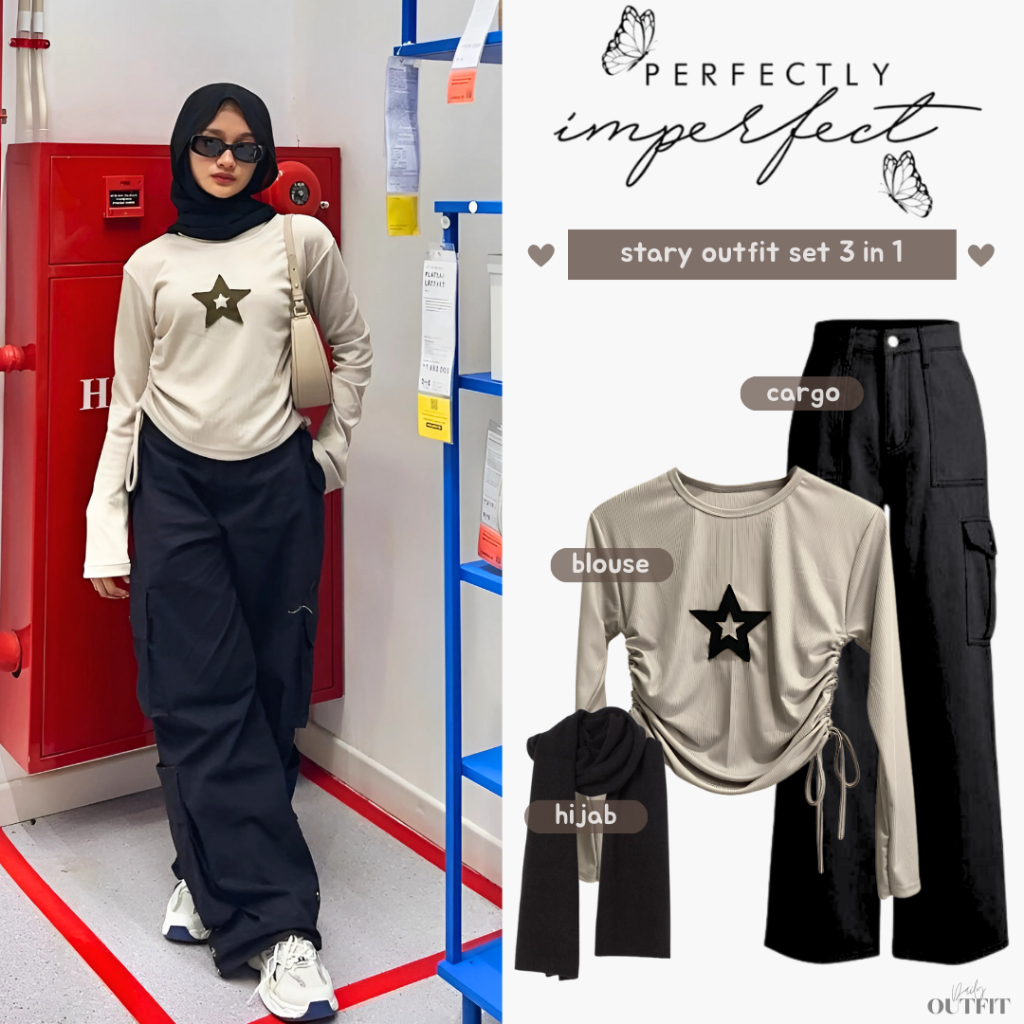 Outfit Cewe Skena ( Kaos Star + Celana Kulot + Pashmina ) One set OOTD Hangout - Stary