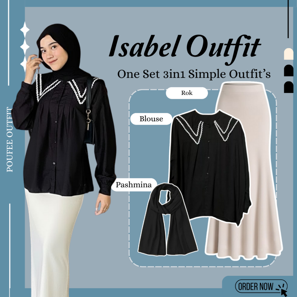 OOTD Simple Wanita 3in1 Set Isabel Outfit ( Rok Duyung - Blouse - Pashmina) Outfit Raya Look
