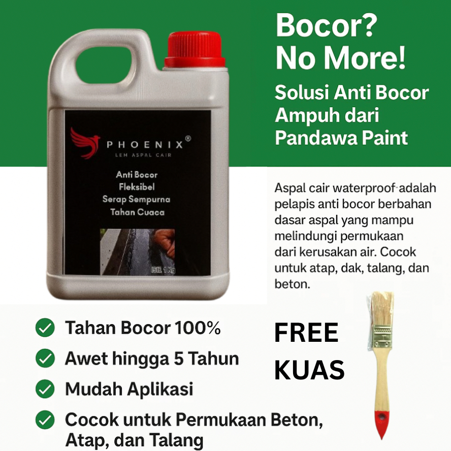[BONUS KUAS]Phoenix Lem Aspal Cair Waterproof 1 Kg Anti Bocor Fleksibel Serap Sempurna Tahan Cuaca u