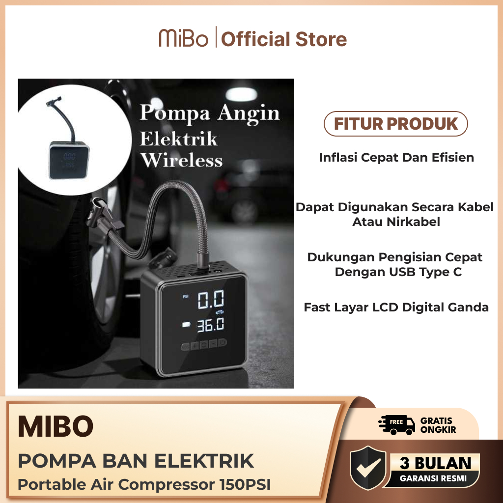 Mibo Keshi Pompa Ban Elektrik Portable Air Compressor 150PSI 6000mAh