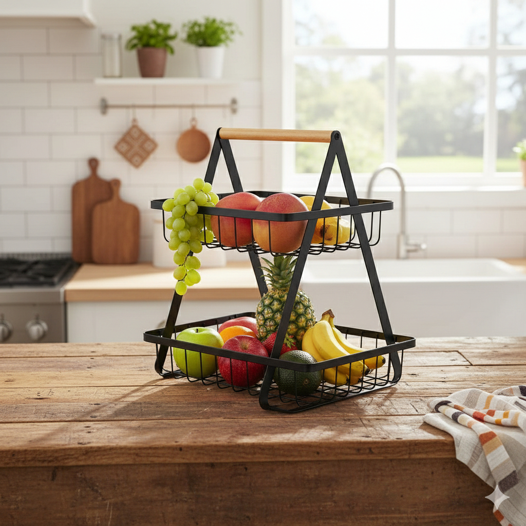 Rak Keranjang Susun Besi Keranjang Buah Tempat Buah Rak Dapur Dengan Pegangan Kayu
