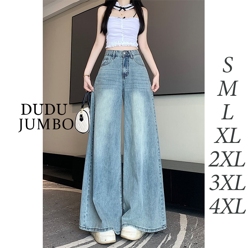 Jeans Bigsize S-4XL wanita celana wanita kekinian korean style Biru Highwaist Jeasn lurus Kulot retr