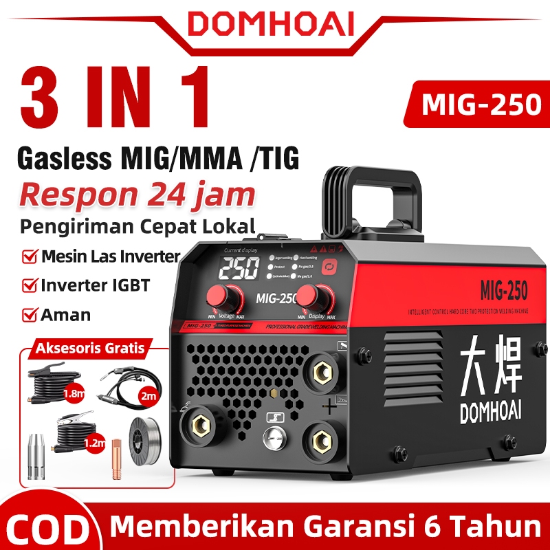 Domhoai 3in1 Mesin Las Mig-250 Inverter Digital las listrik portable mesin las mig tanpa gas las las