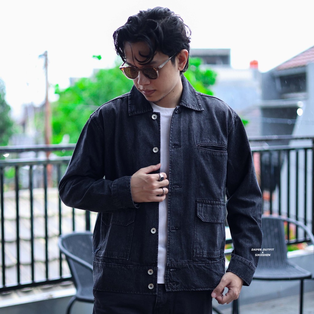 Tony Jack Work Jacket Denim Series - Jaket Jeans Boxy Fit Dark Grey
