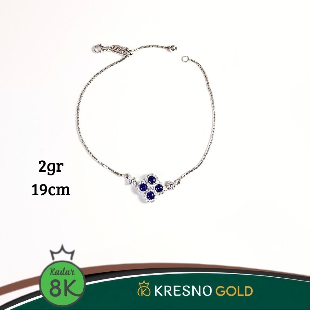 Gelang serut emas putih muda model bunga permata biru kadar 8k terbaru