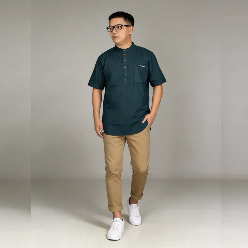 BAJU KOKO PRIA DEWASA LENGAN  PENDEK | KURTA PRIA DEWASA| koko versi upgrade | HIJAU BOTOL |ABU MUDA