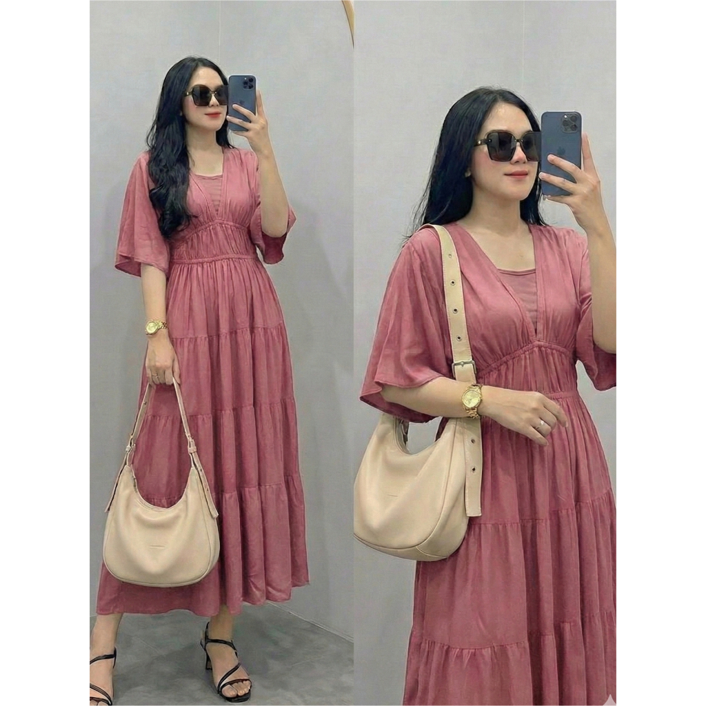 Davina Flowy Dress Rayon Premium Polos Dress Susun Kekinian Bahan Adem Nyaman