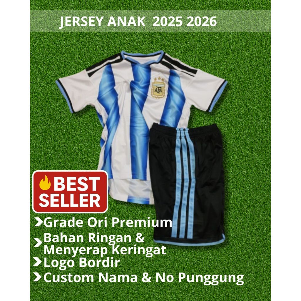 Jersey Kids Argentina  Home Piala Dunia 2026 Grade Ori Baju Sepak Bola Anak Usia 3 4 5 6 7 8 9 10 1n