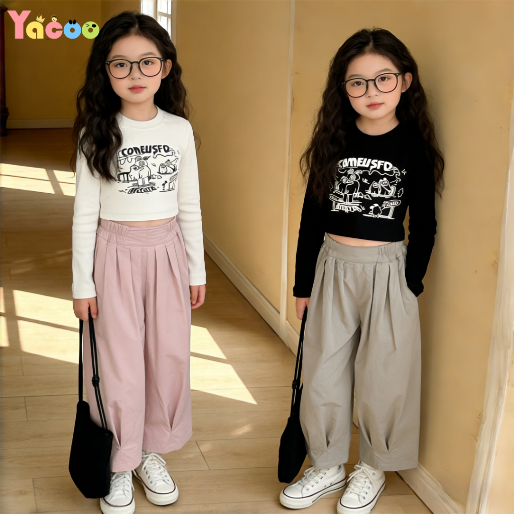 Yacoo Korean Style Setelan Anak Perempuan Warna Hitam Lengan Panjang + Celena Cargo Oversize Legging