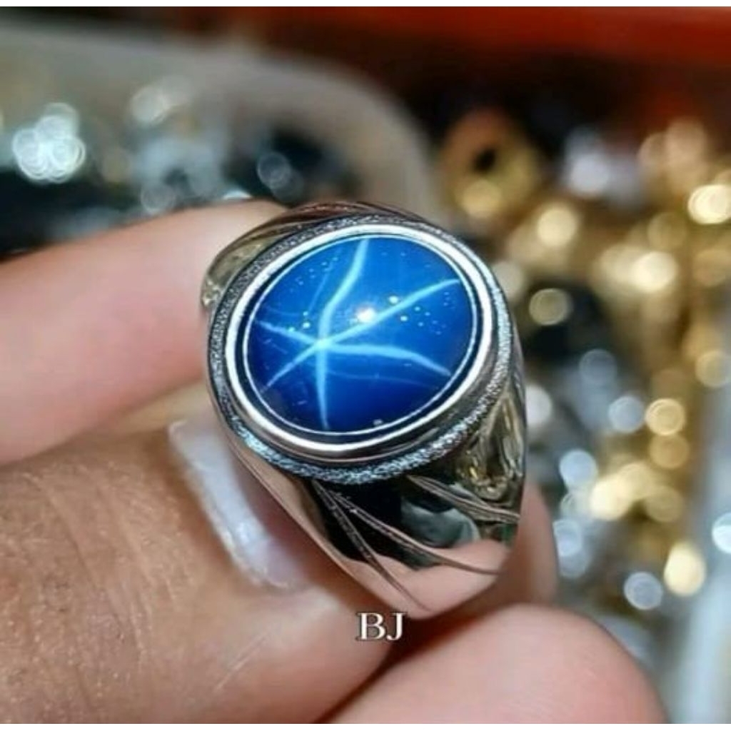 cincin batu akik American star blue 6 star mewah berkelas