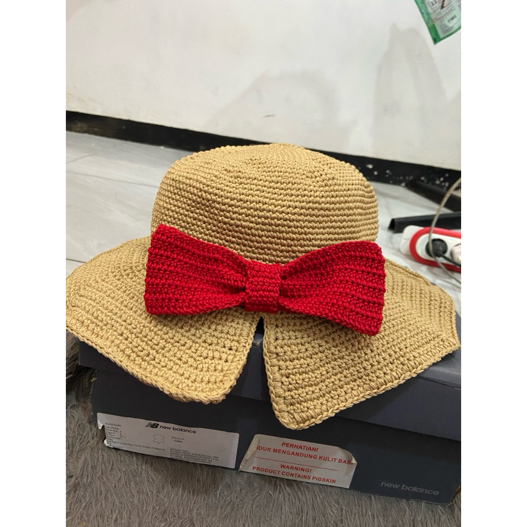 Topi Pantai Rajut Pita Merah handmade|| Topi Rajut ||Topi Pantai Handmade