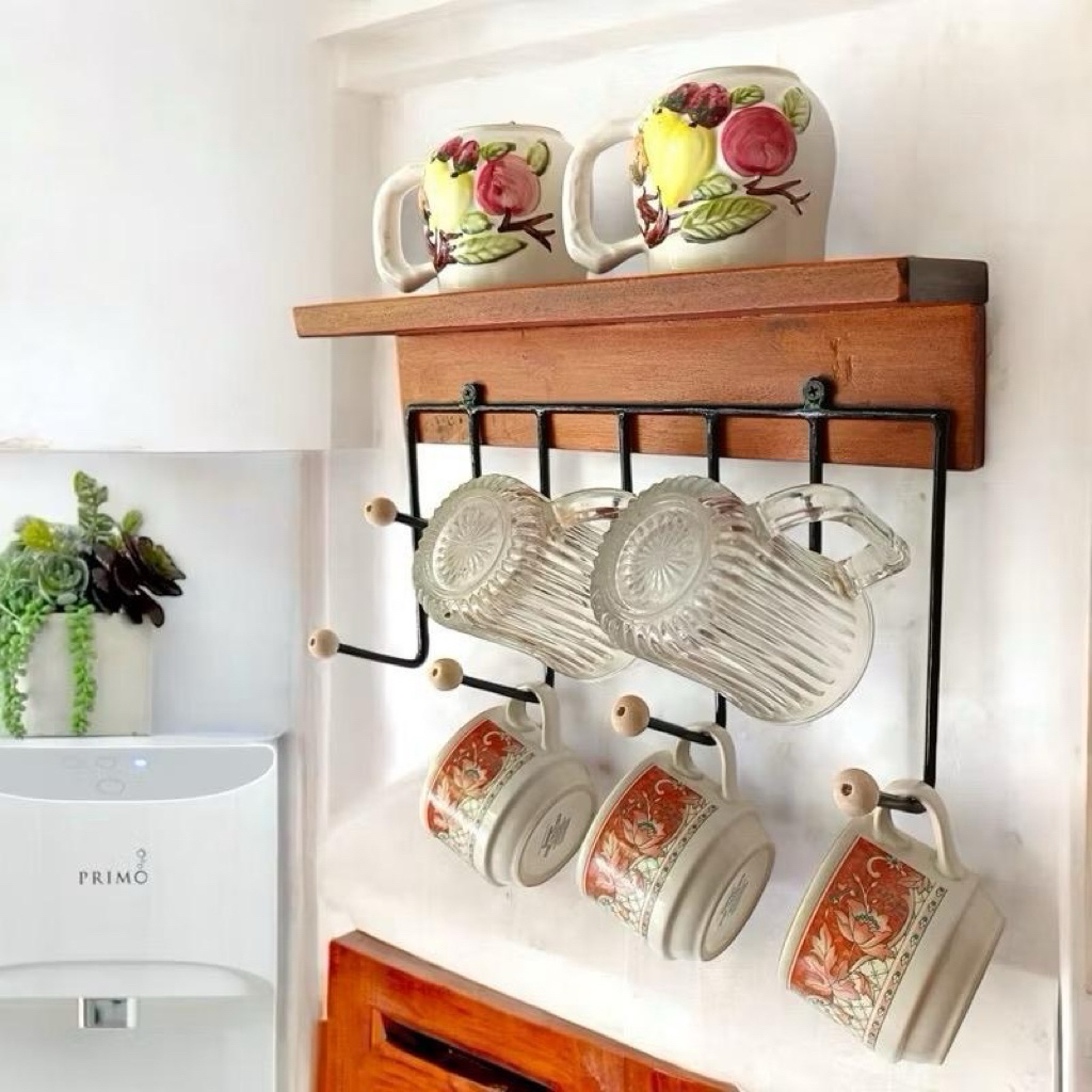 Rak Gelas Cangkir Mug / Cup Holder Gantung 7 Kait & rel Besi + Hambalan Kayu Serbaguna Rak Dapur / G