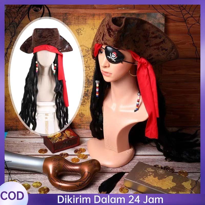 1set Topi Bajak Laut Cospaly Aksesoris Bajak Laut Wanita Tema Halloween Wig Bajak Laut