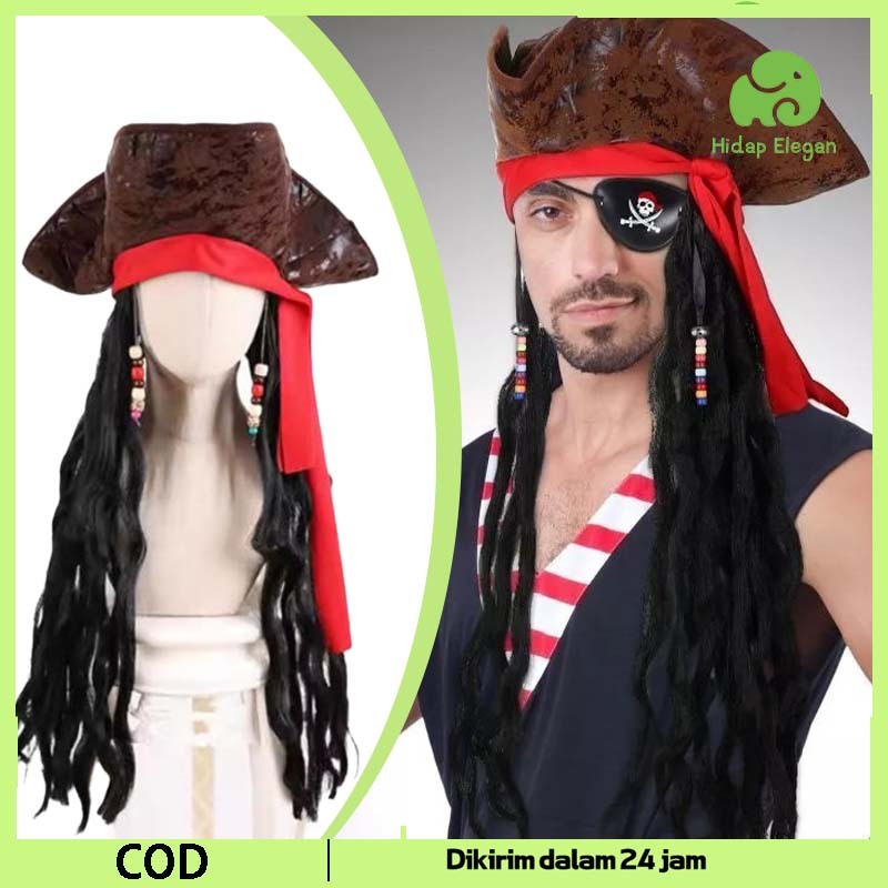 Topi Bajak Laut Halloween 1set Keriting Wig Bajak Laut Aksesoris Bajak Laut Wanita
