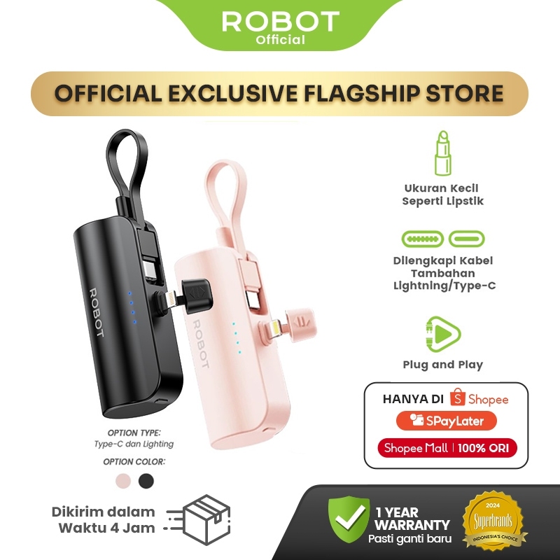ROBOT Powerbank Mini Fast Charging 4500mAh With Port and Cable Type C Lightning Stand Function Power