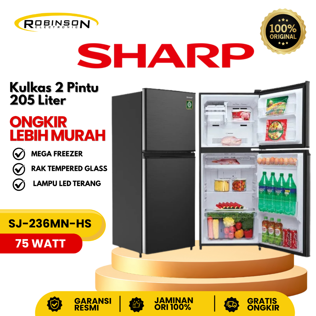 SHARP Kulkas Lemari Es 2 Pintu SJ 236 MN-HS Mega Freezer Hemat Daya