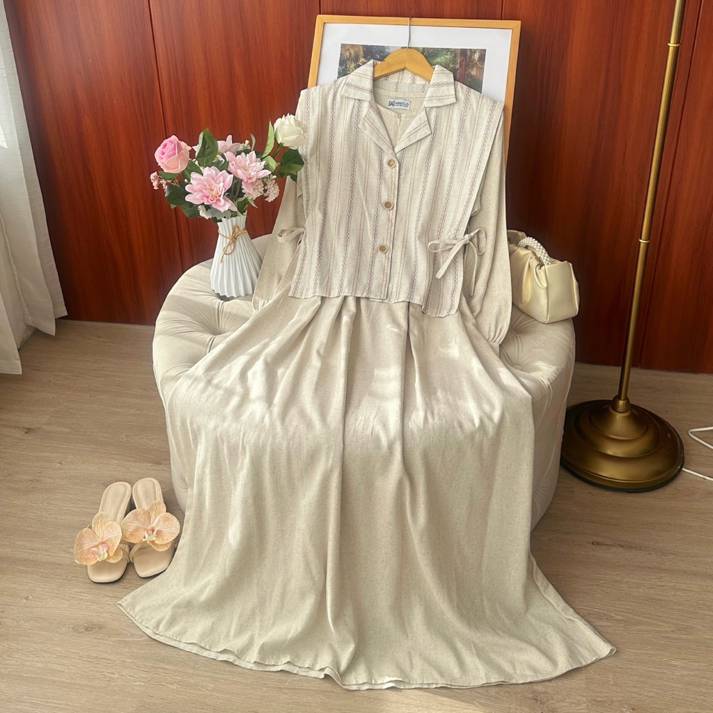 HELENA DRESS LINEN BULU KUDA SETELAN VEST MOTIF SALUR VINTAGE GAMIS MUSLIM LINEN BUSUI BY MEECLO