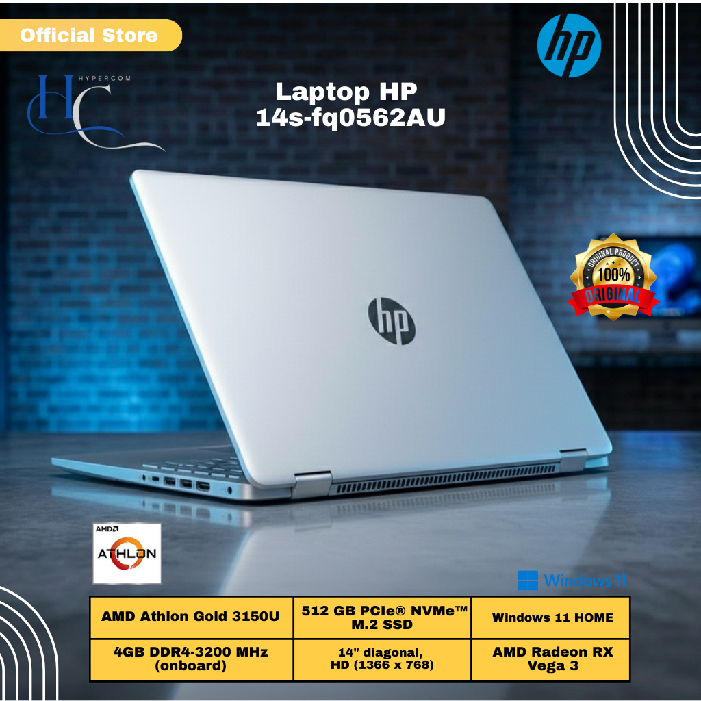 Laptop HP 14s-fq0562AU Athlon 3050U Radeon 4GB RAM 512GB SSD W11 AMD - 4GB/512GB, Silver