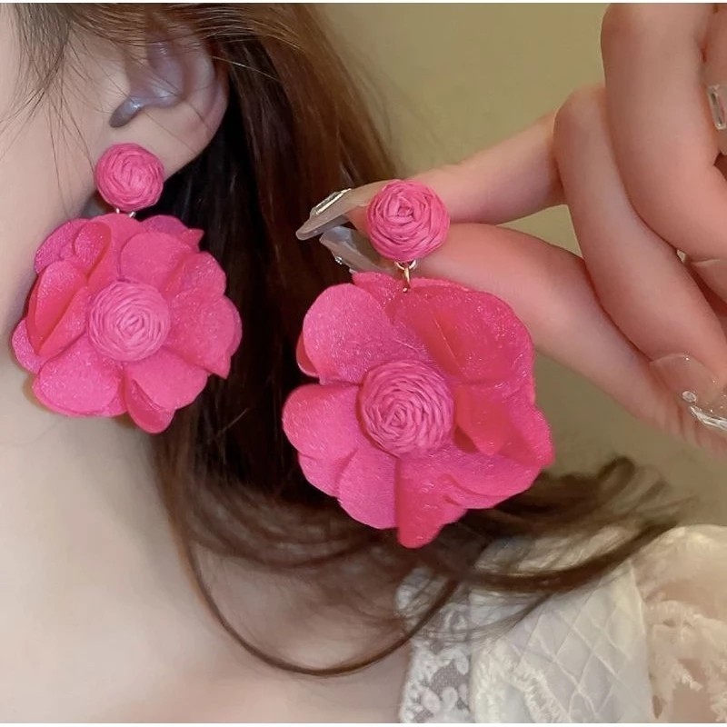 2Pcs Anting Bunga Merah Anting Pelenis Wanita Anting Wanita Korea Style Anting Bunga Stud Antingan
